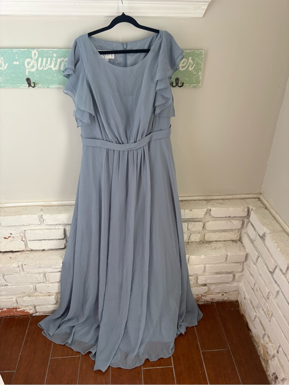 Azazie Dusty Blue Ruffle Sleeve Maxi Dress